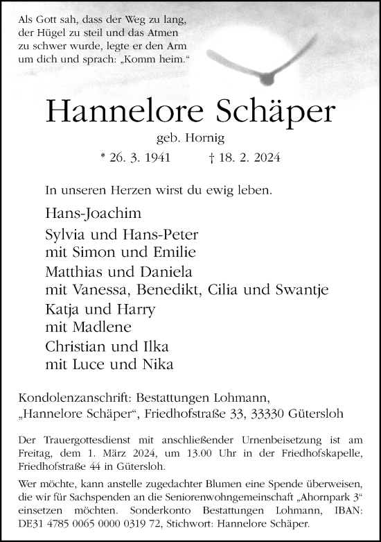 Traueranzeige von Hannelore Schäper von Neue Westfälische