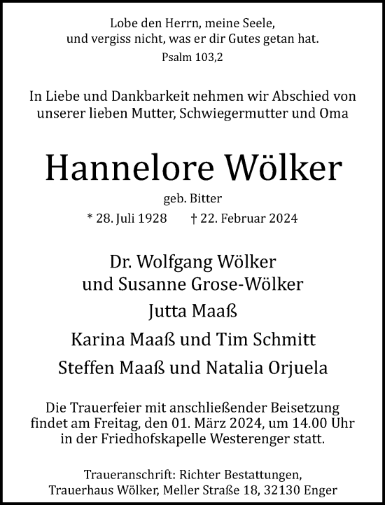 Traueranzeige von Hannelore Wölker von Neue Westfälische