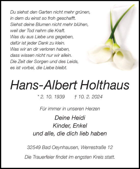 Traueranzeige von Hans-Albert Holthaus von Neue Westfälische