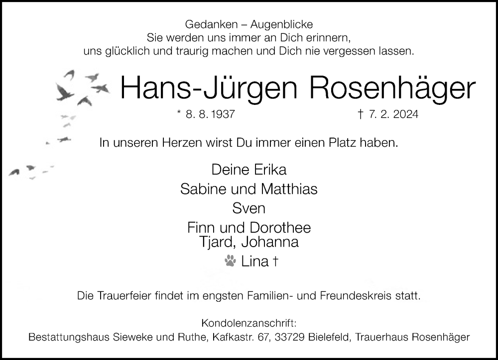  Traueranzeige für Hans-Jürgen Rosenhäger vom 17.02.2024 aus Neue Westfälische