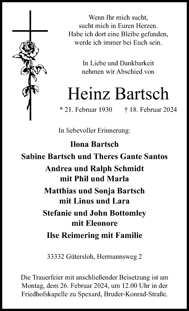  Traueranzeige für Heinz Bartsch vom 21.02.2024 aus Neue Westfälische