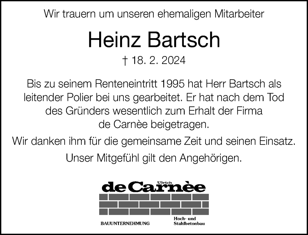  Traueranzeige für Heinz Bartsch vom 26.02.2024 aus Neue Westfälische