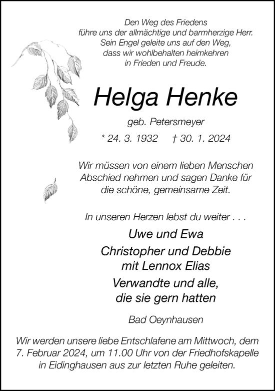 Traueranzeige von Helga Henke von Neue Westfälische