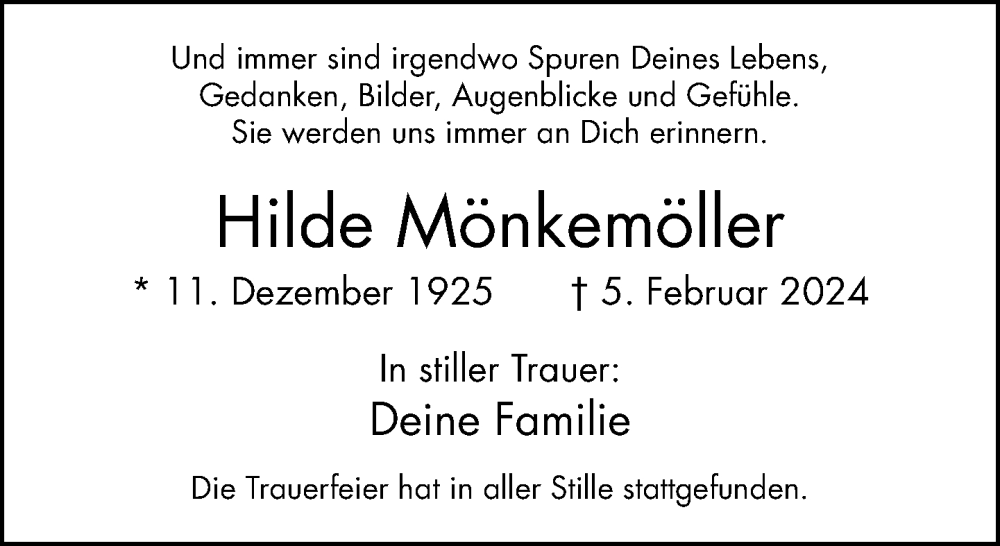  Traueranzeige für Hilde Mönkemöller vom 14.02.2024 aus Neue Westfälische