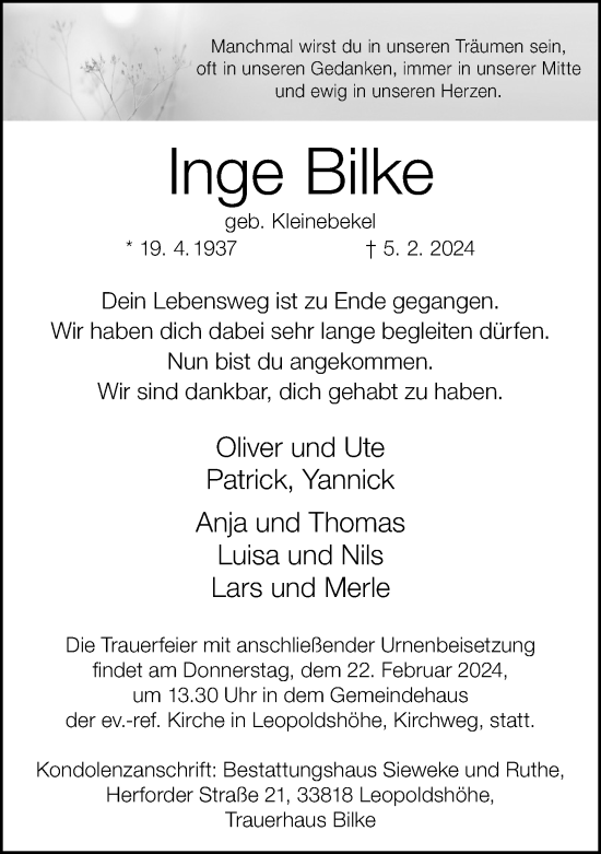 Traueranzeige von Inge Bilke von Neue Westfälische