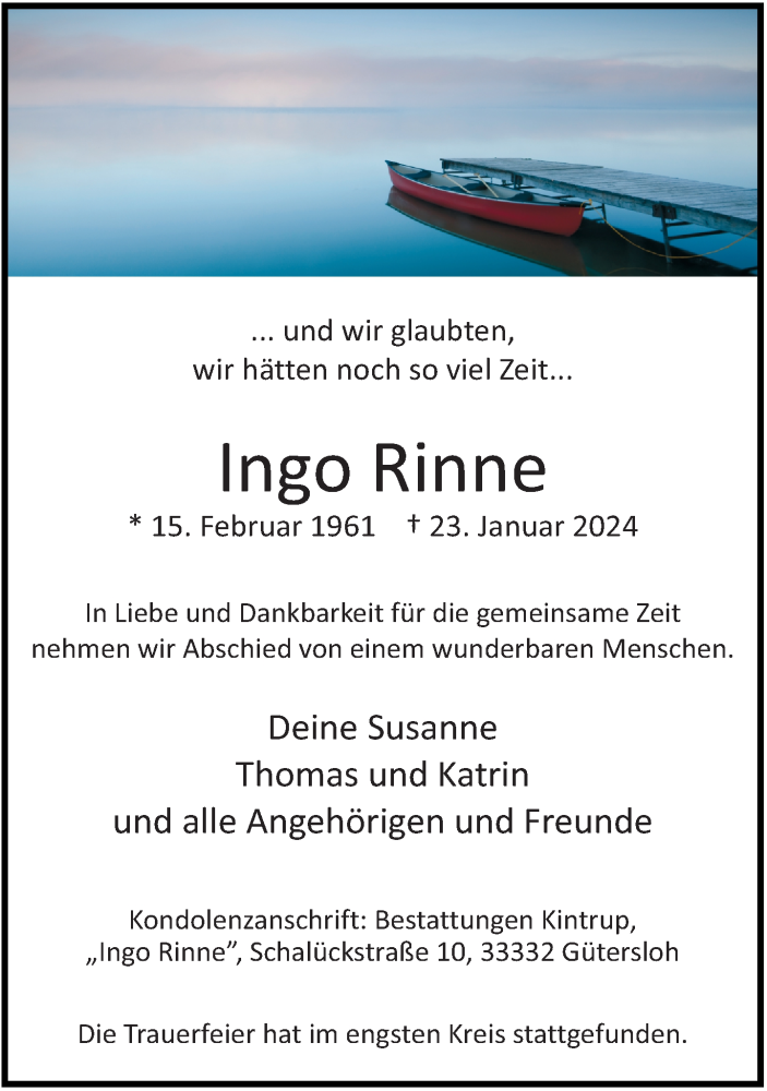  Traueranzeige für Ingo Rinne vom 03.02.2024 aus Neue Westfälische