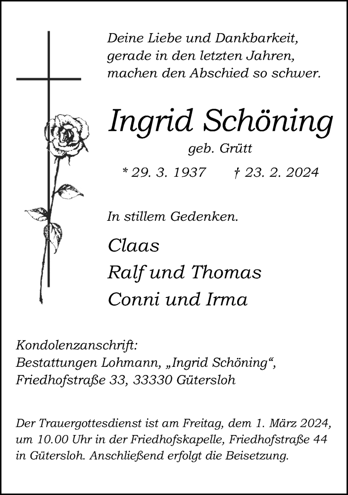  Traueranzeige für Ingrid Schöning vom 28.02.2024 aus Neue Westfälische