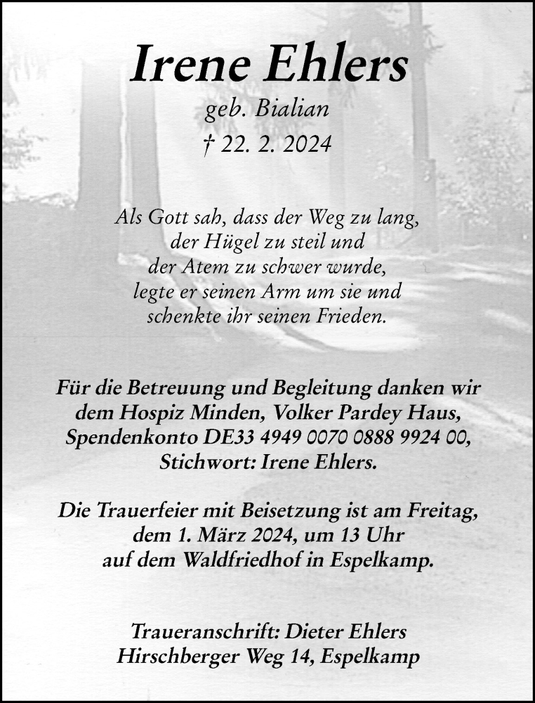  Traueranzeige für Irene Ehlers vom 28.02.2024 aus Neue Westfälische
