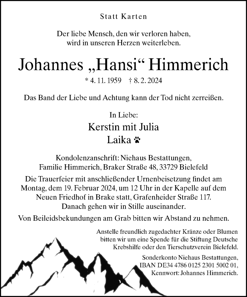 Traueranzeige für Johannes Himmerich vom 14.02.2024 aus Neue Westfälische