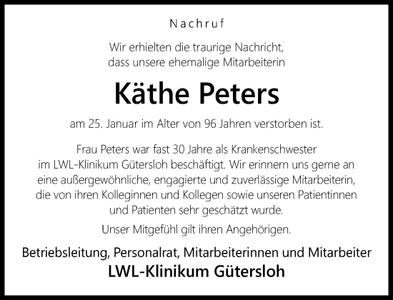 Traueranzeige von Käthe Peters von Neue Westfälische