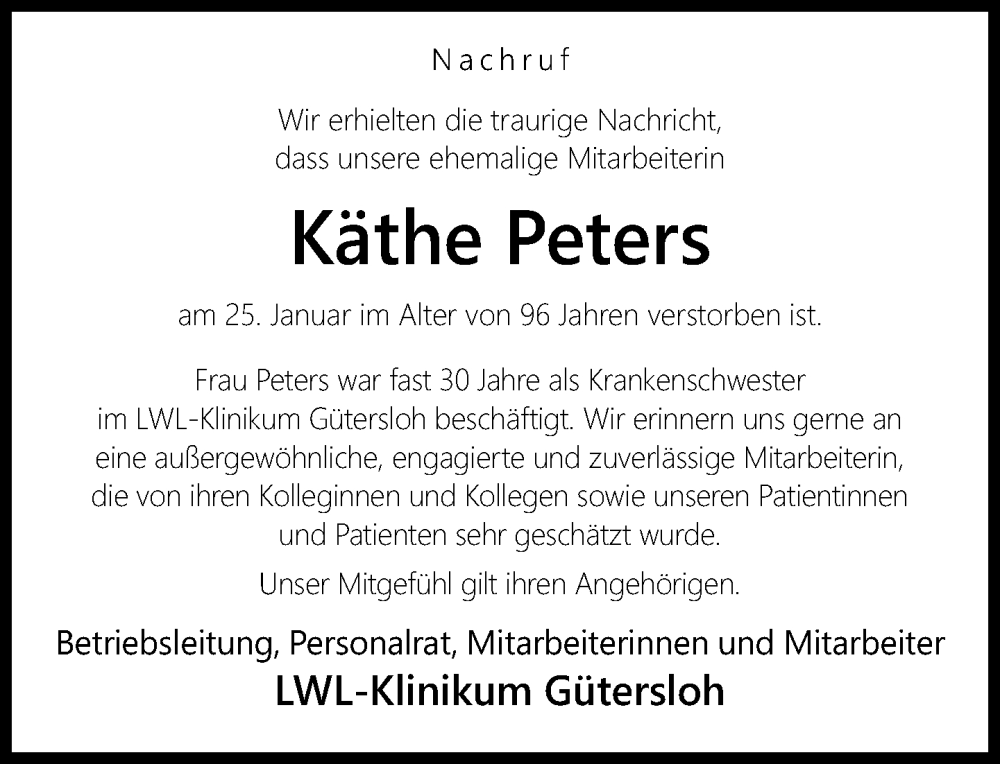  Traueranzeige für Käthe Peters vom 14.02.2024 aus Neue Westfälische