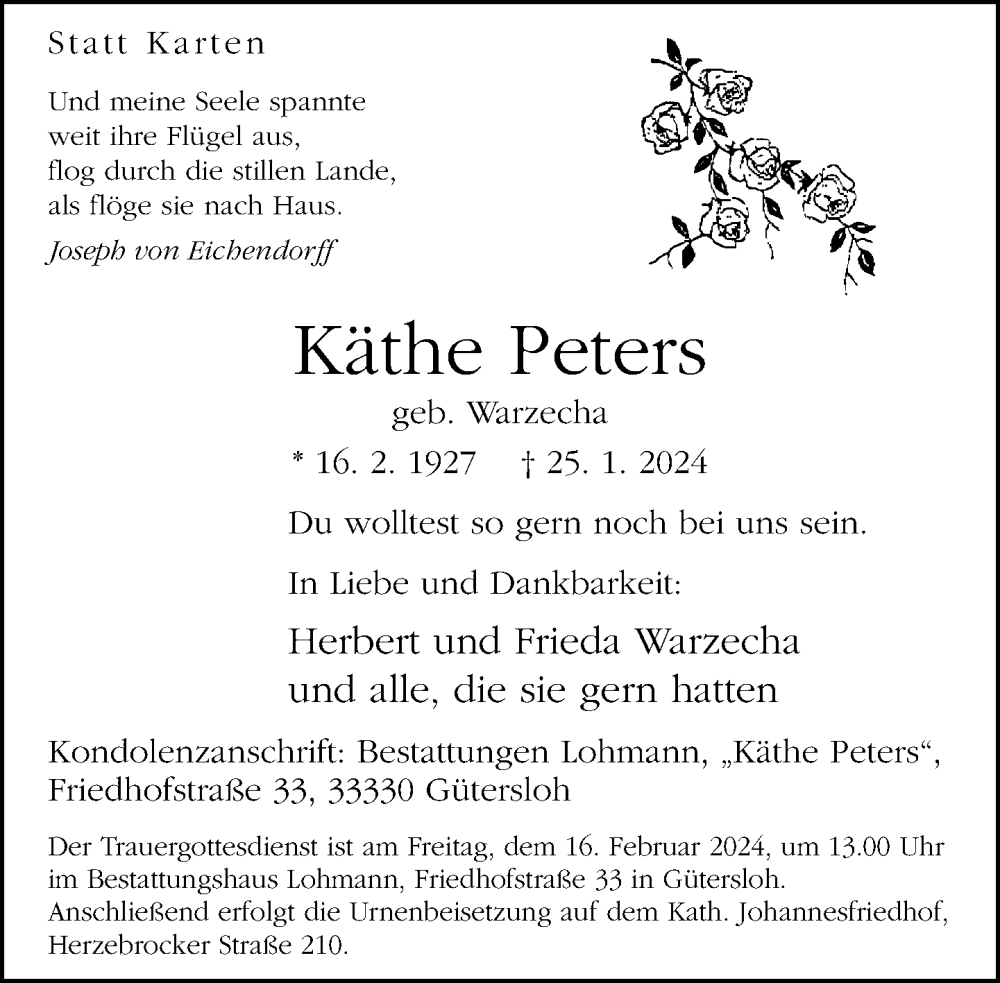  Traueranzeige für Käthe Peters vom 10.02.2024 aus Neue Westfälische