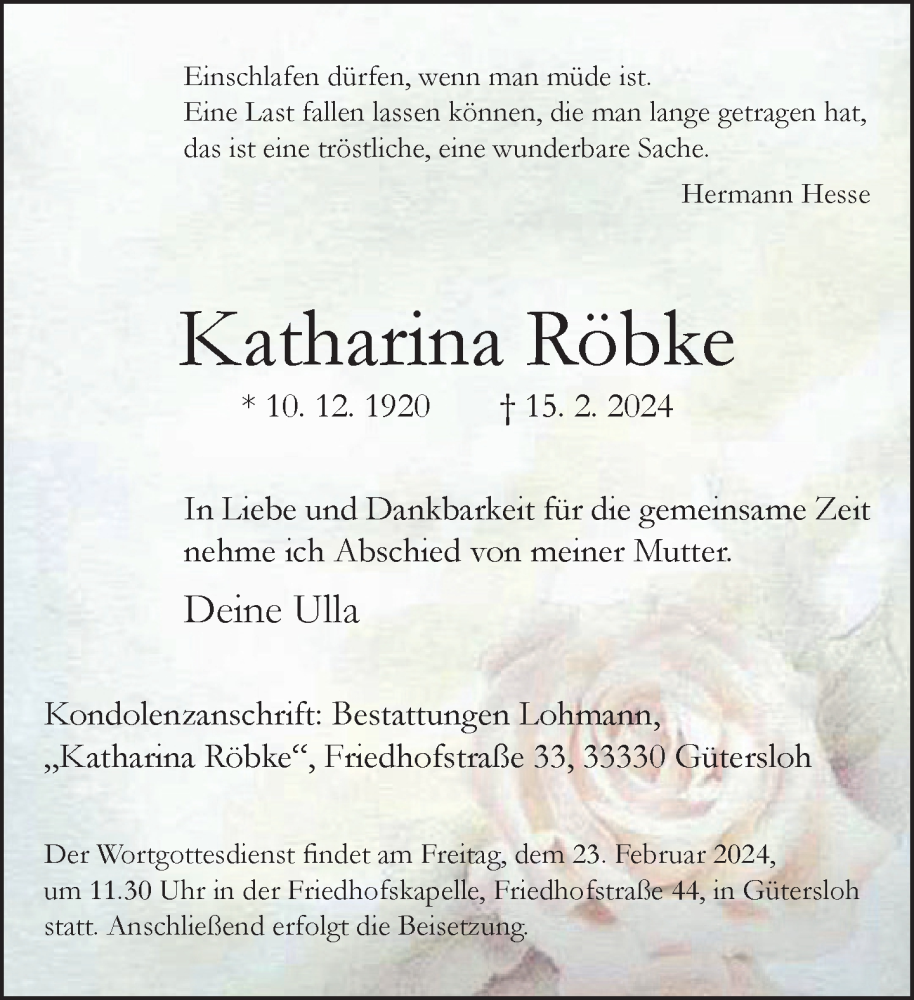  Traueranzeige für Katharina Röbke vom 20.02.2024 aus Neue Westfälische