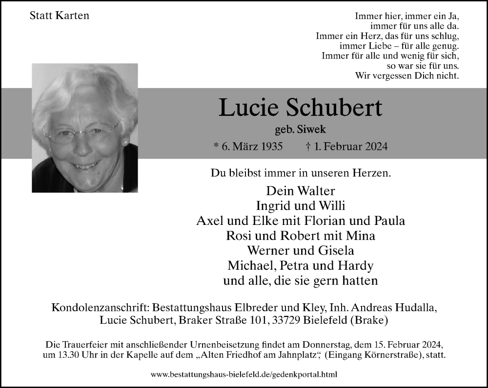  Traueranzeige für Lucie Schubert vom 10.02.2024 aus Neue Westfälische