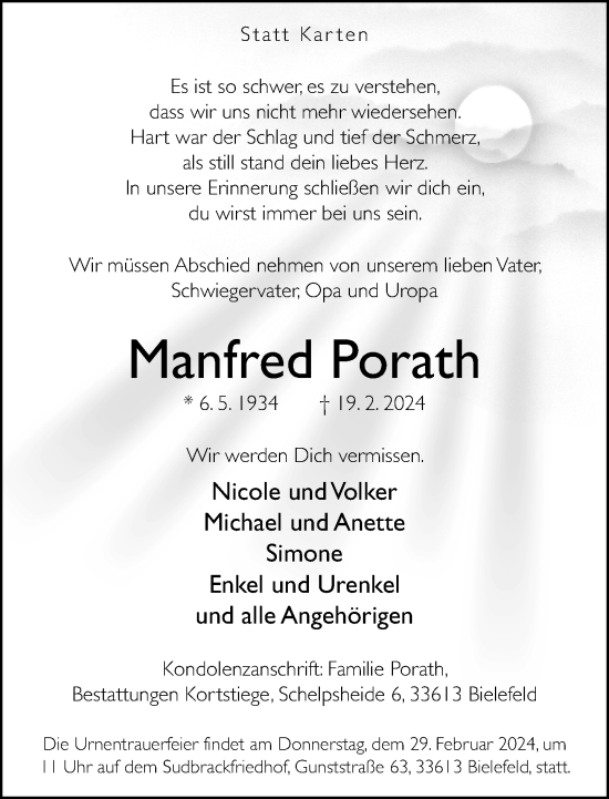Traueranzeige von Manfred Porath von Neue Westfälische