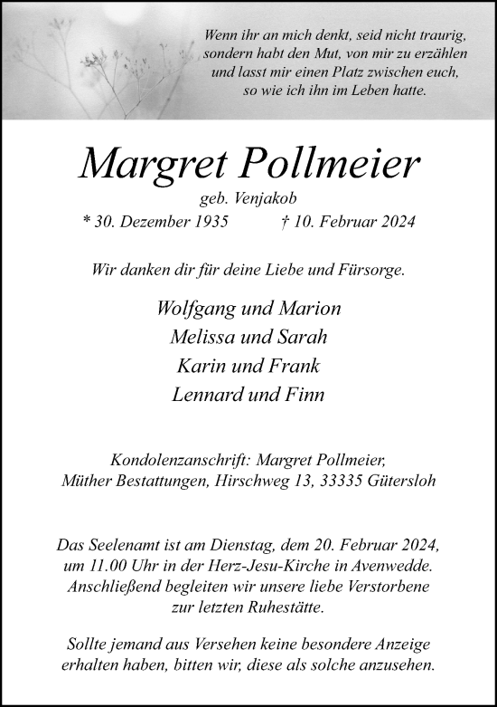 Traueranzeige von Margret Pollmeier von Neue Westfälische