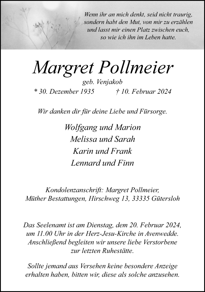  Traueranzeige für Margret Pollmeier vom 15.02.2024 aus Neue Westfälische