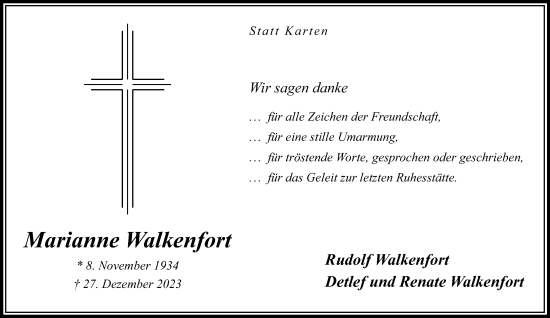 Traueranzeige von Marianne Walkenfort von Neue Westfälische