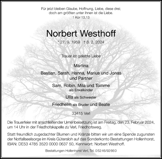 Traueranzeige von Norbert Westhoff von Neue Westfälische