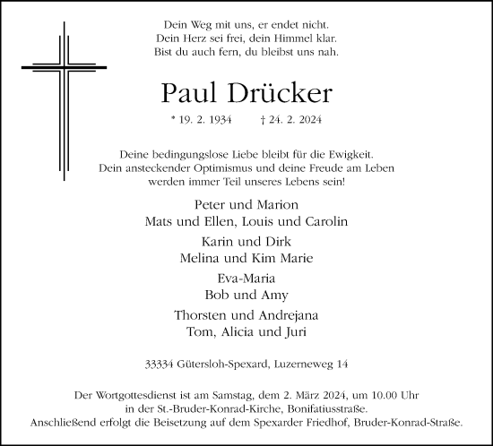 Traueranzeige von Paul Drücker von Neue Westfälische