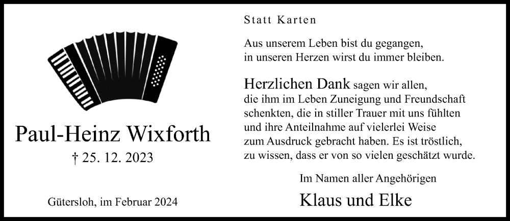  Traueranzeige für Paul-Heinz Wixforth vom 03.02.2024 aus Neue Westfälische