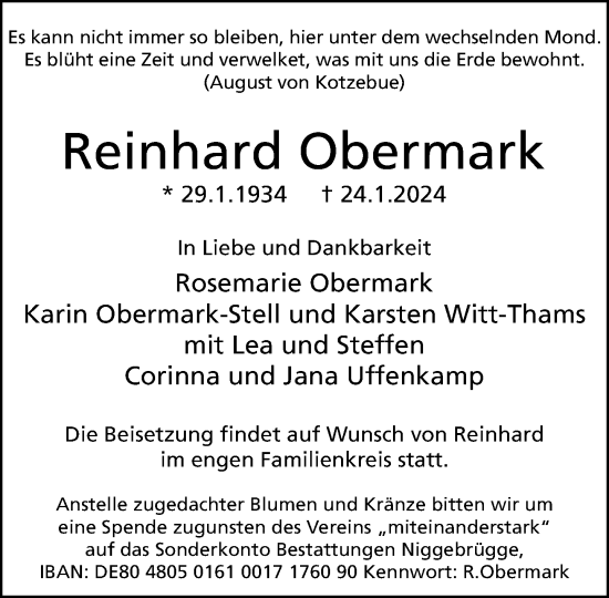 Traueranzeige von Reinhard Obermark von Neue Westfälische