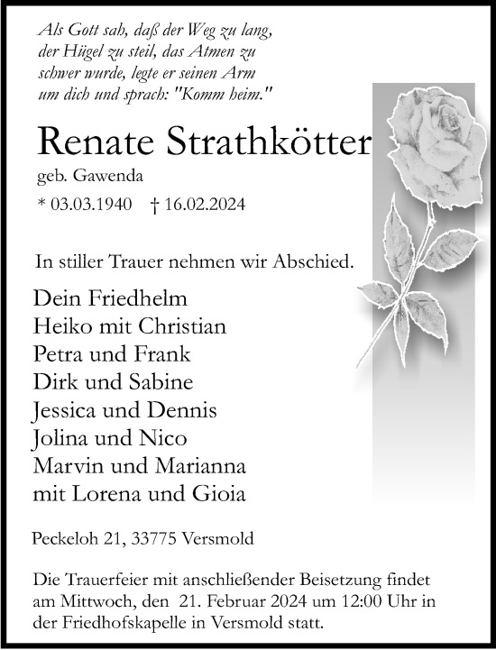 Traueranzeige von Renate Strathkötter von Neue Westfälische
