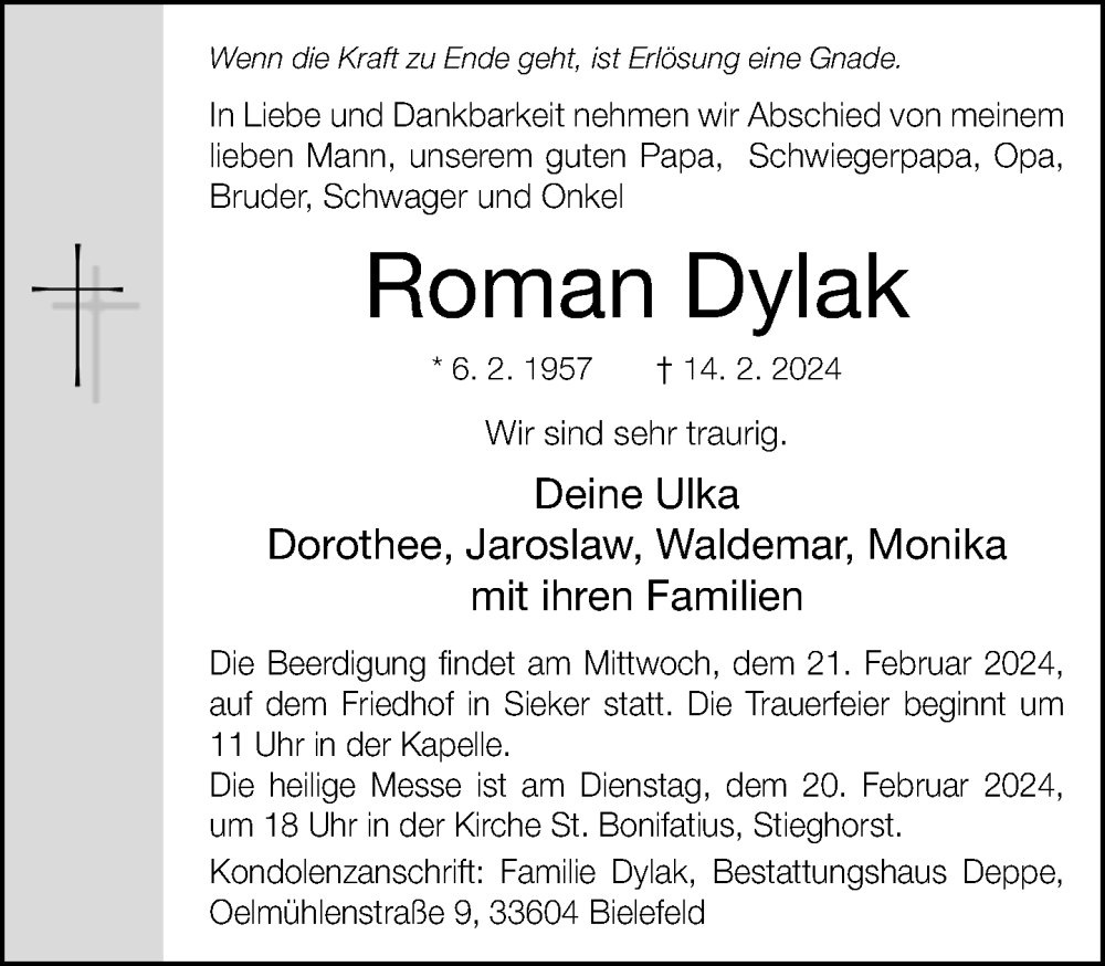  Traueranzeige für Roman Dylak vom 16.02.2024 aus Neue Westfälische