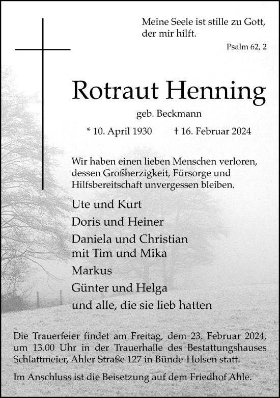 Traueranzeige von Rotraut Henning von Neue Westfälische