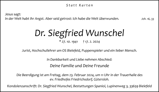 Traueranzeige von Siegfried Wunschel von Neue Westfälische