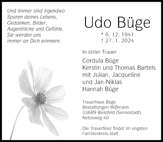 Traueranzeige von Udo Büge von Neue Westfälische