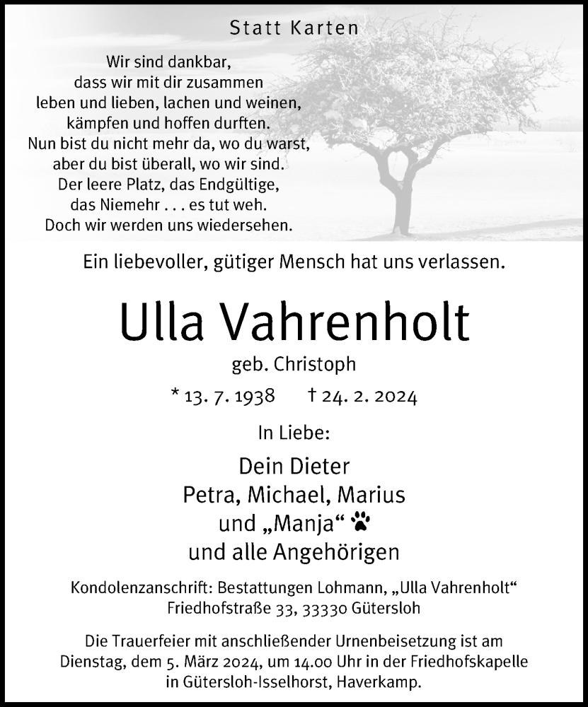 Traueranzeige für Ulla Vahrenholt vom 29.02.2024 aus Neue Westfälische