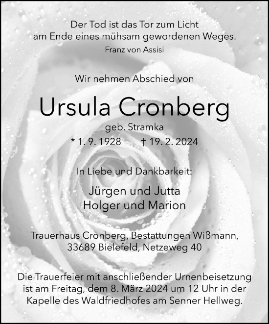 Traueranzeige von Ursula Cronberg von Neue Westfälische