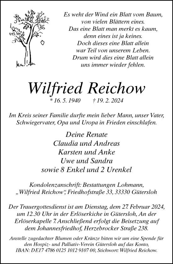Traueranzeige von Wilfried Reichow von Neue Westfälische