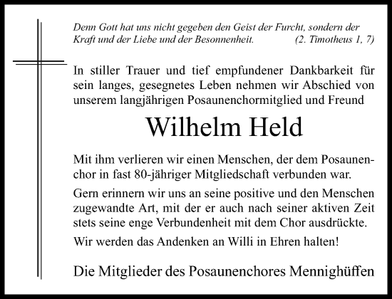 Traueranzeige von Wilhelm Held von Neue Westfälische