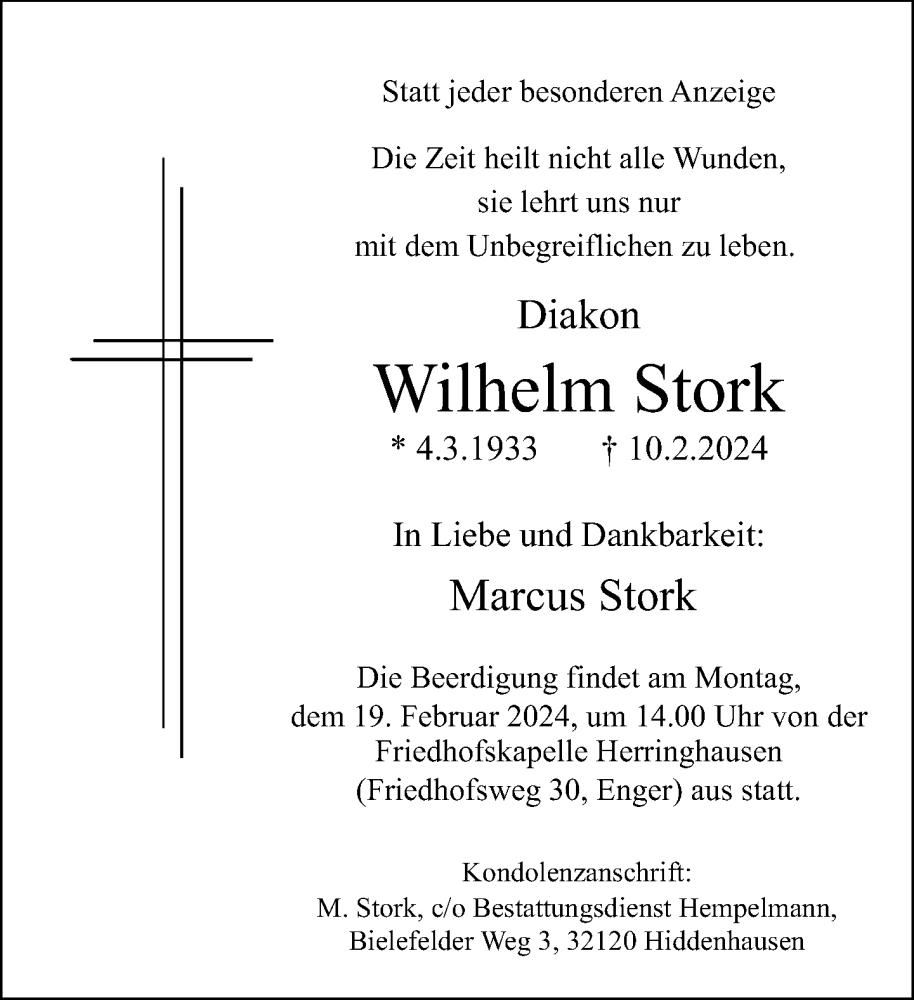  Traueranzeige für Wilhelm Stork vom 14.02.2024 aus Neue Westfälische