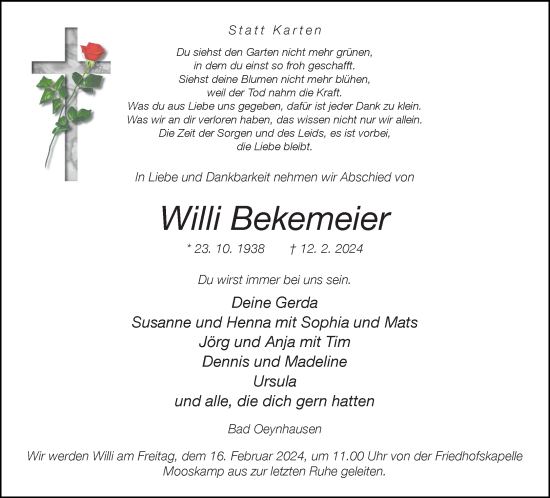 Traueranzeige von Willi Bekemeier von Neue Westfälische