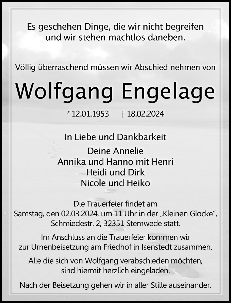  Traueranzeige für Wolfgang Engelage vom 21.02.2024 aus Neue Westfälische