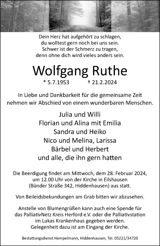 Traueranzeige von Wolfgang Ruthe von Neue Westfälische