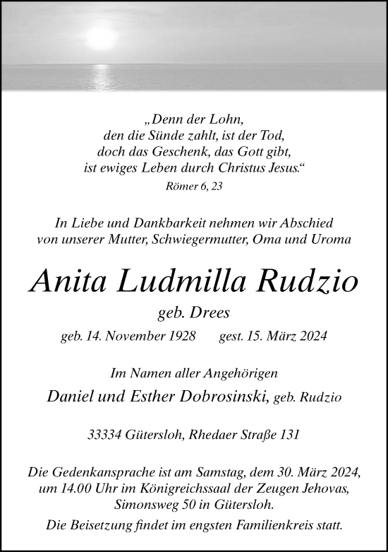 Traueranzeige von Anita Ludmilla Rudzio von Neue Westfälische