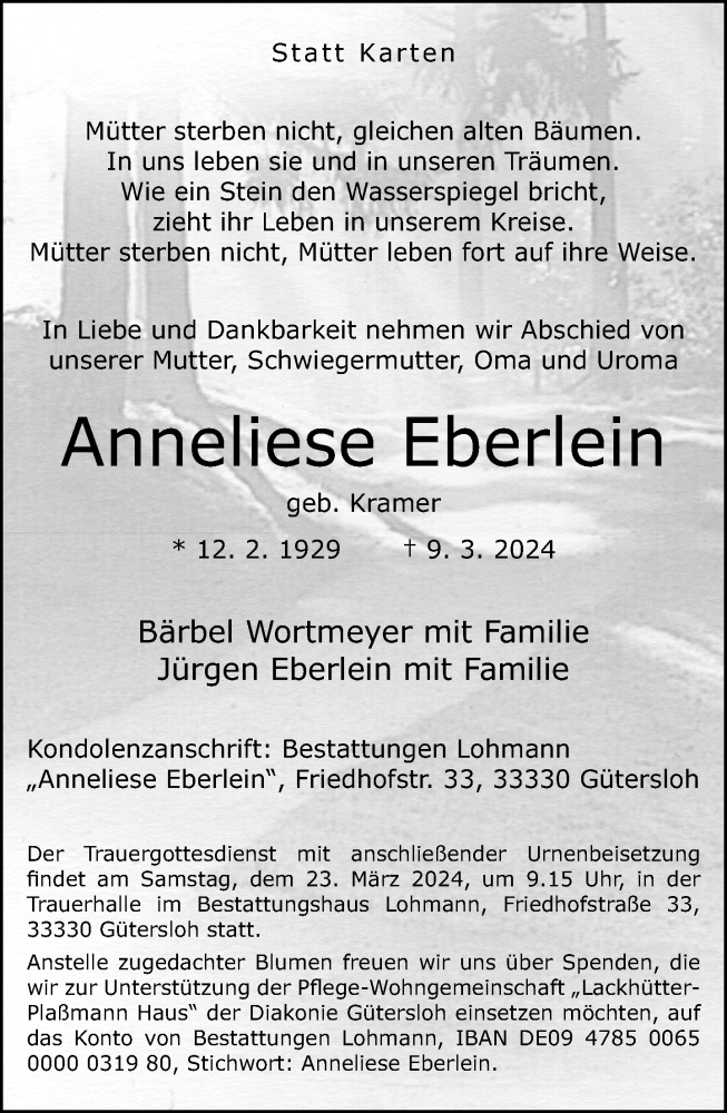  Traueranzeige für Anneliese Eberlein vom 16.03.2024 aus Neue Westfälische