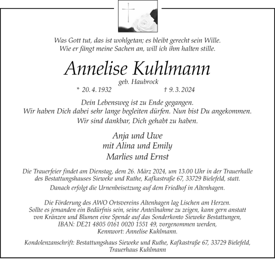 Traueranzeige von Annelise Kuhlmann von Neue Westfälische