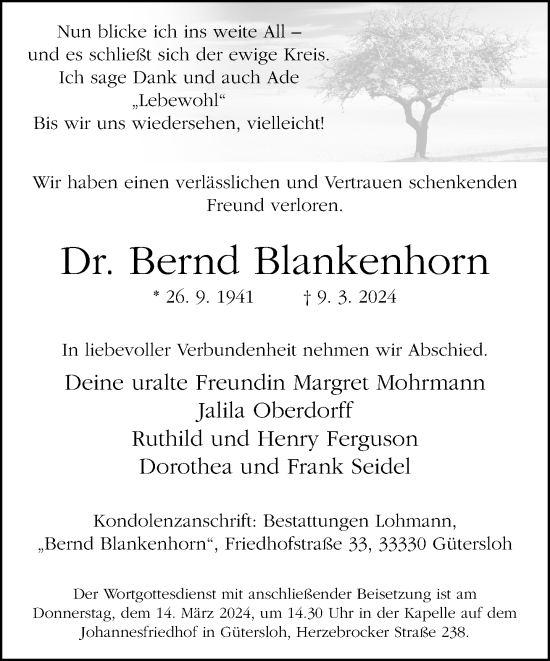 Traueranzeige von Bernd Blankenhorn von Neue Westfälische