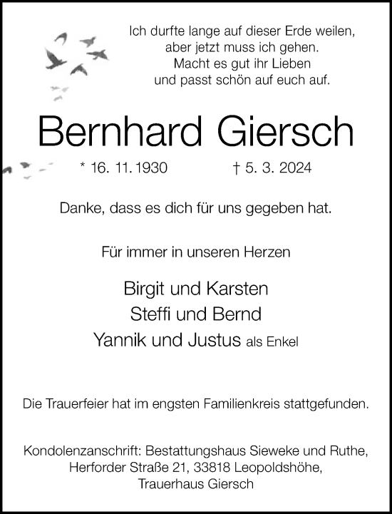 Traueranzeige von Bernhard Giersch von Neue Westfälische