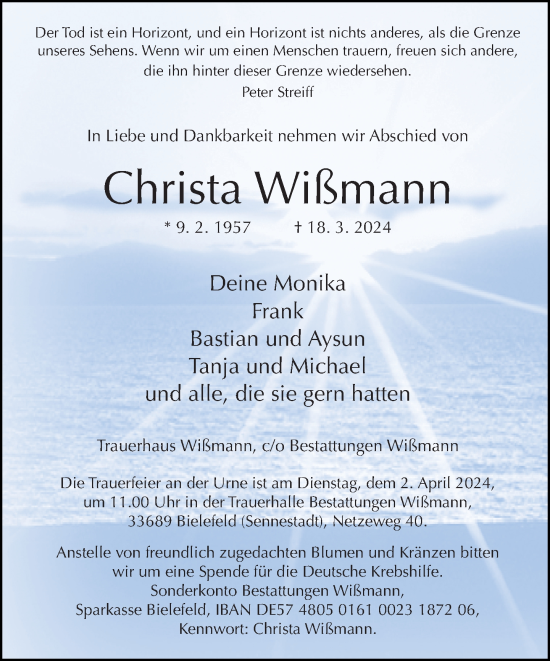 Traueranzeige von Christa Wißmann von Neue Westfälische