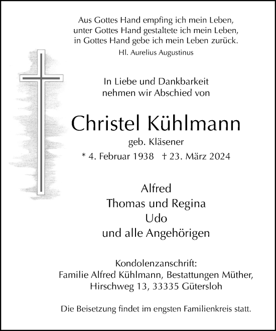 Traueranzeige von Christel Kühlmann von Neue Westfälische