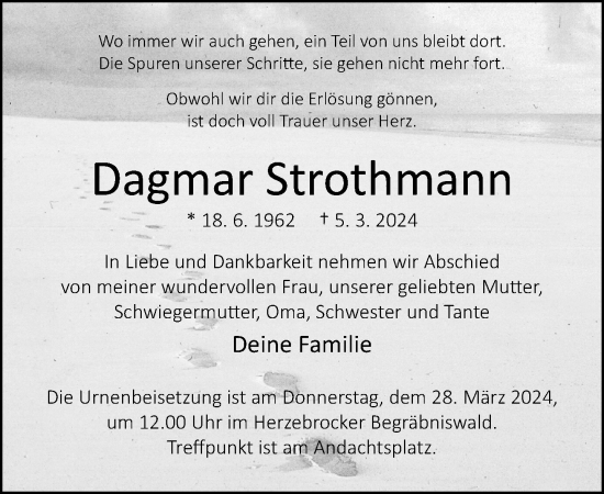Traueranzeige von Dagmar Strothmann von Neue Westfälische