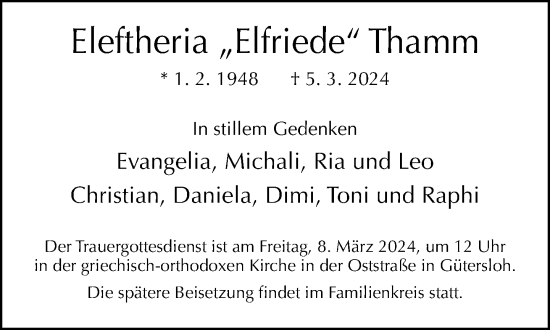 Traueranzeige von Eleftheria  Thamm von Neue Westfälische