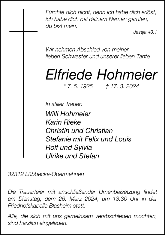 Traueranzeige von Elfriede Hohmeier von Neue Westfälische