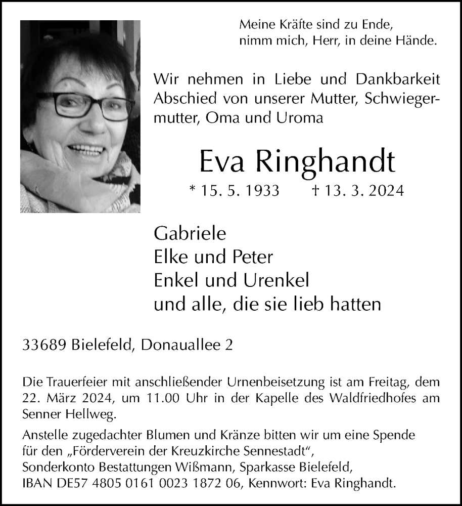  Traueranzeige für Eva Ringhandt vom 19.03.2024 aus Neue Westfälische